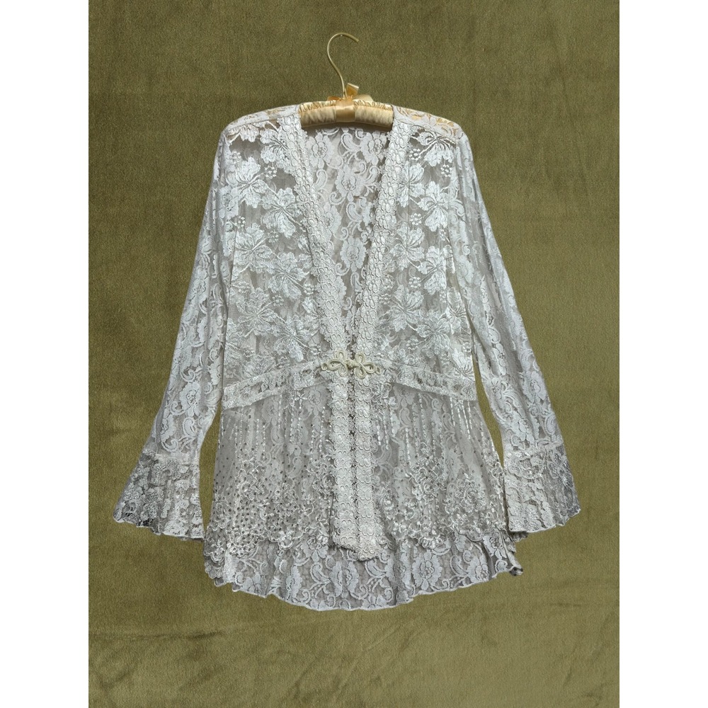 Y2K Spencer Alexis Cream Floral Lace Bell Sleeve Frog Closure Cardigan Top S